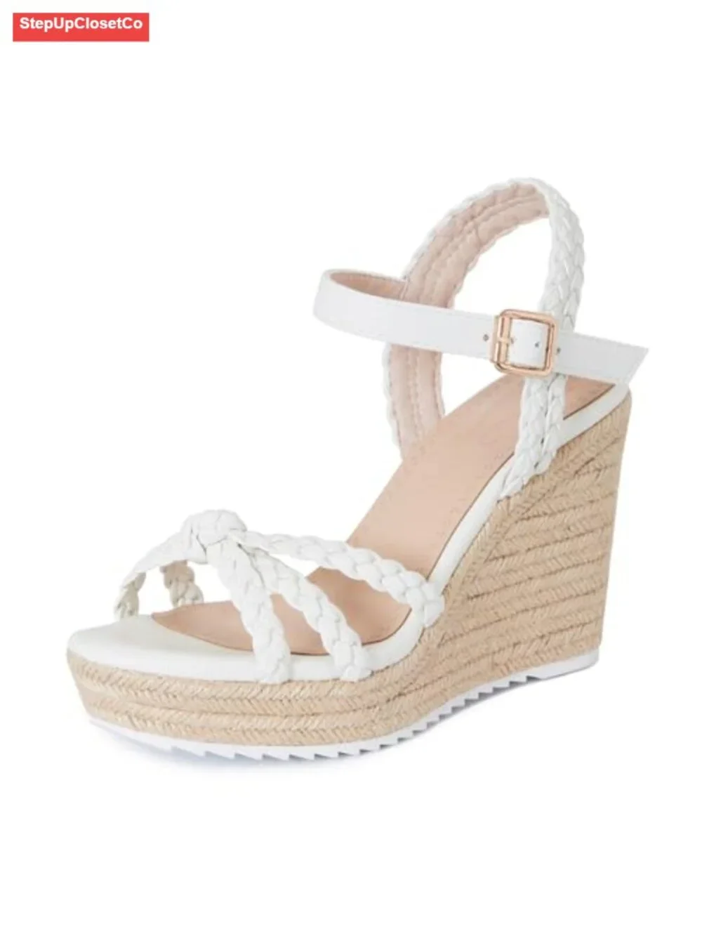 Wedge Sandals with Braided Bow, PU Insole, Non-Slip Rubber Sole, Ankle Strap,